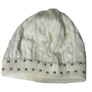 White Cable Knit Beanie Silver Studs Y2K Winter Hat One Size
